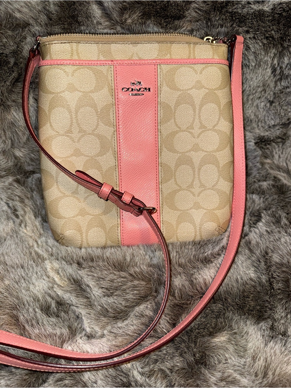 Coach Tan Signature Canvas Crossbody with Pink Trim